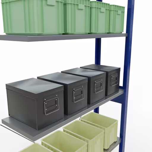 Une autre vue de l'article Étagère rapportée, étagère système enfichable MULTIplus150, 2500 x 1000 x 300 mm, 6 étagères, RAL 5010/galvanisé de la catégorie système enfichable