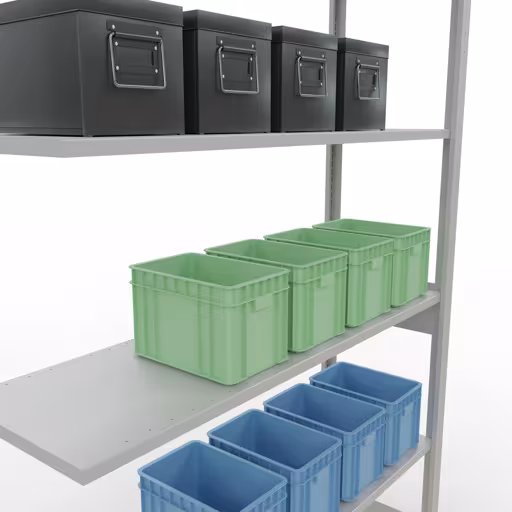 Rayonnage supplémentaire, rayonnage à étagères, système enfichable MULTIplus150, 2500 x 1300 x 400 mm, 6 tablettes, barres de longueur, RAL 7035 gris clair avec le numéro d'article 130001. 32646-130-LR , système d'étagères enfichables MULTIplus150, 2500 x 1300 x 400 mm, 6 étagères, RAL 7035 gris clair de Schulte Lagertechnik de la catégorie des systèmes enfichables