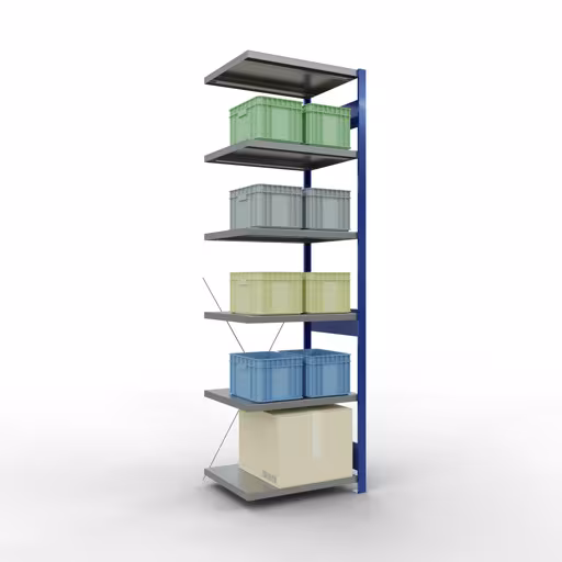 Produktbild Nr 13 des Artikels Anbauregal, Fachbodenregal Stecksystem MULTIplus250, 2500 x 750 x 600 mm (HxBxT), 6 Fachböden, Kreuzstrebe, RAL 5010 enzianblau/verzinkt/verzinkt Abbildung Nr 13 des Artikels Anbauregal, Fachbodenregal Stecksystem MULTIplus250, 2500 x 750 x 600 mm (HxBxT), 6 Fachböden, Kreuzstrebe, RAL 5010 enzianblau/verzinkt/verzinkt aus der Produktgruppe Stecksystem von der Marke Schulte Lagertechnik