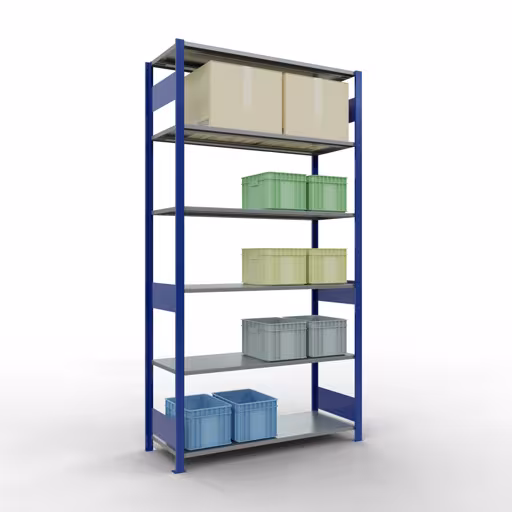 Scaffale base, scaffale, sistema a innesto MULTIplus150, 2500 x 1300 x 500 mm (AxLxP), 6 ripiani, barre longitudinali, RAL 5010 blu genziana/zincato di Schulte Lagertechnik della categoria Sistemi a innesto