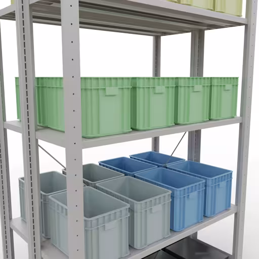 Image du produit n° 13 de l'article étagère de base, étagère double, étagère système enfichable MULTIplus150, 2000 x 1000 x (2x300) mm, 2x5 étagères, traverse, RAL 7035 gris clair Figure n° 13 de l'article étagère de base, étagère double, système d'étagères enfichables MULTIplus150, 2000 x 1000 x (2x300) mm, 2x5 étagères, RAL 7035 gris clair du groupe de produits étagères de Schulte Lagertechnik