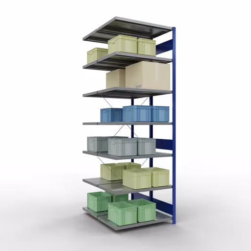 Image du produit n° 11 de l'article Système d'étagères enfichables MULTIplus250, 3000 x 1000 x (2x600) mm, 2x7 étagères, traverse, RAL 7035 gris clair/bleu gentiane Image du produit n° 11 de l'article Système enfichable MULTIplus250, 3000 x 1000 x (2x600) mm, 2x7 étagères, RAL 7035 gris clair/bleu gentiane de la gamme d'étagères de Schulte Lagertechnik