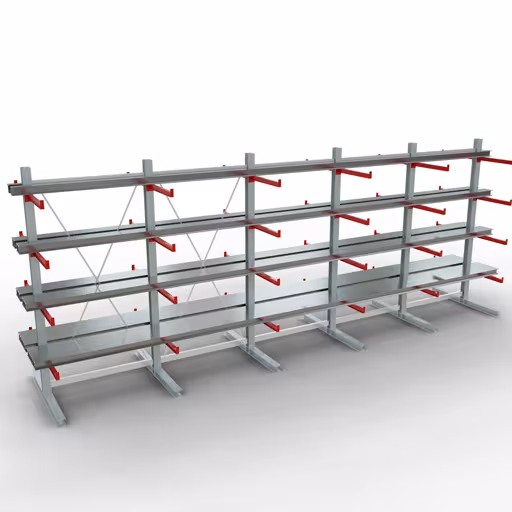 K 6000 Komplettregal, doppelseitig, 3000 x 2x 7500 x 2x 750 mm, RAL 7001 / RAL 3000, 5 Lagerebenen aus der Kategorie K6000 für schwere Güter mit der GTIN 4058255011360 K 6000 Komplettregal, doppelseitig, 3000 x 2x 7500 x 2x 750 mm, RAL 7001 / RAL 3000, 5 Lagerebenen von der Marke Schulte Lagertechnik aus der Produktreihe Kragarmregale