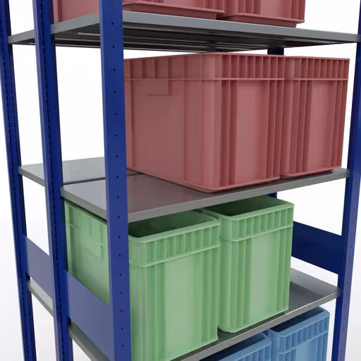Une autre vue de l'article Etagère de base, étagère double, système d'étagères enfichable MULTIplus150, 3000 x 1000 x (2x400) mm, 2x7 étagères, RAL 5010 bleu gentiane de la catégorie étagères