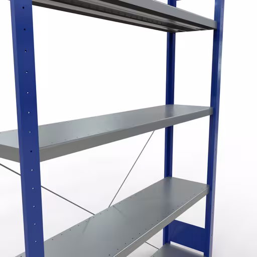 Une autre vue de l'article étagère de base, étagère à étagères, système enfichable MULTIplus250, 2000 x 1300 x 300 mm, 5 étagères, traverse, RAL 5010 bleu gentiane/galvanisé de la catégorie système enfichable