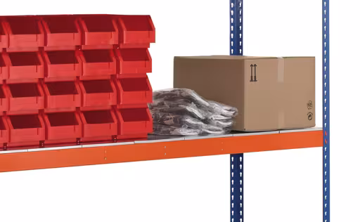 Une autre vue de l'article, étagère grande portée Z1 avec panneaux en acier, 1981 x 1536 x 773 mm, bleu/orange/galvanisé, 4 niveaux, charge compartiment 709 kg, charge travée 3 200 kg de la catégorie étagère grande portée