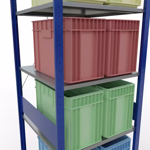 Une autre vue de l'article Etagère Basic, étagère, système enfichable MULTIplus150, 3000 x 750 x 800 mm (HxLxP), 7 étagères, traverse, RAL 5010 bleu gentiane/galvanisé/galvanisé Une autre vue de l'article étagère de base, étagère, système enfichable MULTIplus150, 3000 x 750 x 800 mm, 7 étagères, traverse, RAL 5010 bleu gentiane/galvanisé/galvanisé de la catégorie système enfichable