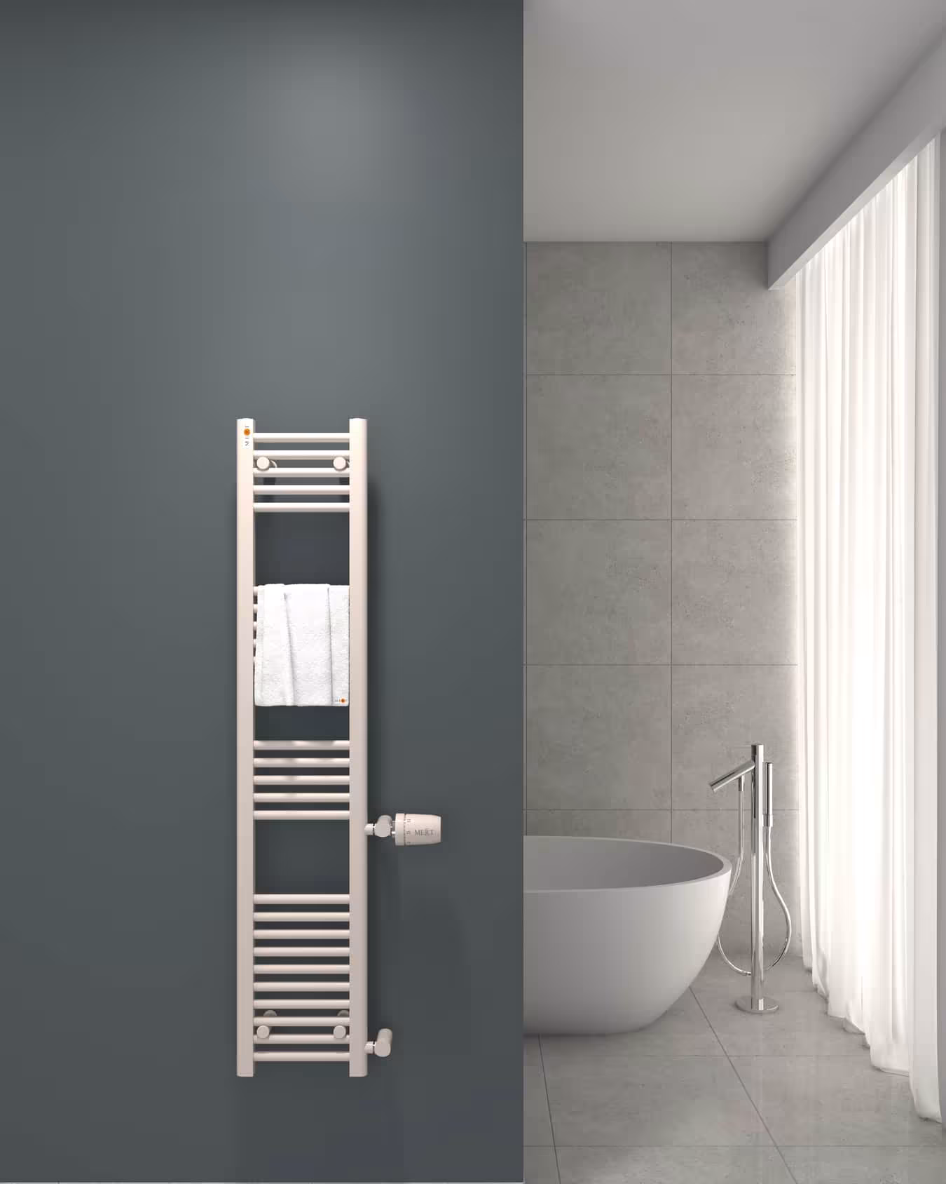 Radiateur de salle de bain de rechange blanc droit, 300 x 1500 mm, raccordement sur le côté 500 mm de MERT MERT Radiateur de salle de bain de rechange blanc droit, raccordement latéral, radiateur de rechange, réf. 1-30x150-ASR-50
