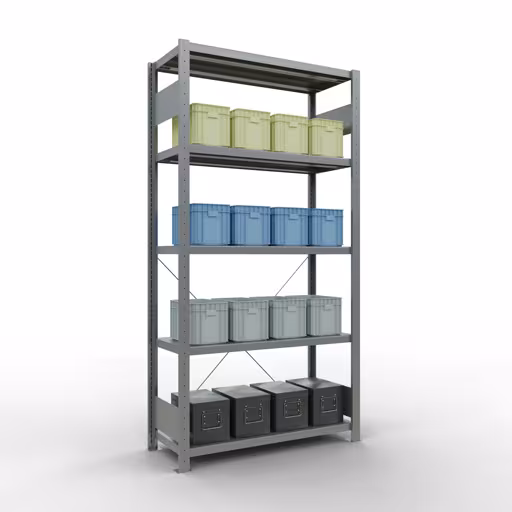 Immagine del prodotto n. 12 dell'articolo scaffale base, scaffale, sistema a innesto MULTIplus330, 2000 x 1000 x 400 mm (AxLxP), 5 ripiani, traversa, zincato Figura n. 12 dell'articolo scaffale base, scaffale, sistema a innesto MULTIplus330, 2000 x 1000 x 400 mm (AxLxP), 5 ripiani, traversa, zincato del gruppo di prodotti sistema a innesto della marca Schulte Lagertechnik