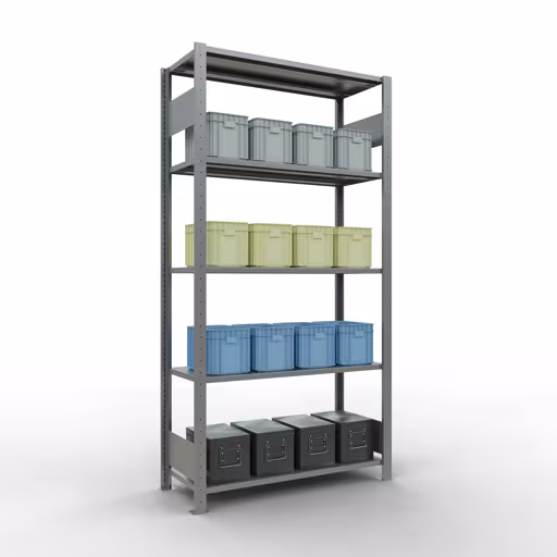 Étagère de base, étagère, système enfichable MULTIplus150, 2000 x 1000 x 400 mm, 5 étagères, barres longitudinales, galvanisées avec GTIN 4004514279958 Étagère de base, étagère à étagères, système enfichable MULTIplus150, 2000 x 1000 x 400 mm, 5 étagères, galvanisées de Schulte Lagertechnik avec le numéro d'article. 12740-LR