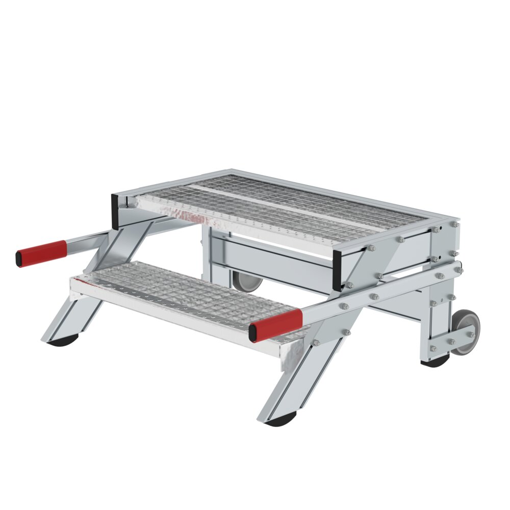 Plateforme de travail mobile Munk, largeur de marche 800 mm, caillebotis en acier de la catégorie escaliers plateforme, référence 050434