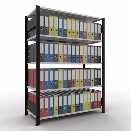 Figure n° 14 de l'article étagère de base, étagère de bureau, système enfichable MULTIplus150, 1800 x 1300 x 600 mm, 5 étagères, avec butée centrale, noir/gris clair du groupe de produits étagères de bureau de la marque Schulte Lagertechnik