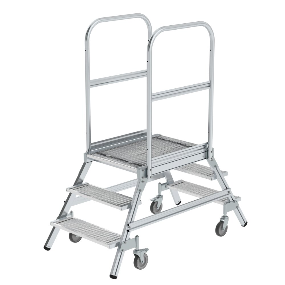 Escalier à plateforme Munk, accessible des deux côtés, avec rouleaux à ressort, caillebotis en acier, 3 marches, par Günzburger Steigtechnik Escaliers à plateforme Munk, accessibles des deux côtés, avec rouleaux à ressort et caillebotis en acier, de la catégorie « Escaliers à plateforme », référence 051203