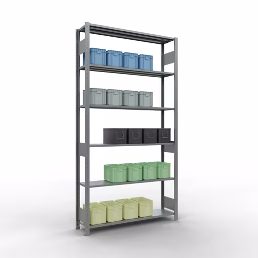 Étagère de base, étagère, système enfichable MULTIplus150, 2500 x 1300 x 300 mm, 6 étagères, barres longitudinales, galvanisées avec GTIN 4004514279507 Étagère de base, étagère à étagères, système enfichable MULTIplus150, 2500 x 1300 x 300 mm, 6 étagères, galvanisées de Schulte Lagertechnik avec le numéro d'article. 12731-130-LR