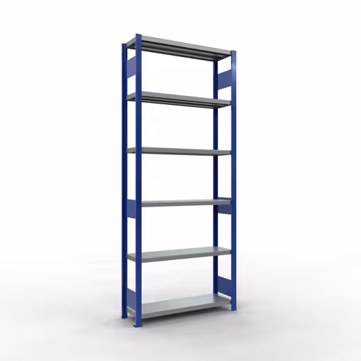 Ripiano base, ripiano, sistema a innesto MULTIplus250, 2500 x 1000 x 300 mm (AxLxP), 6 ripiani, barra longitudinale, RAL 5010 blu genziana/zincato, ripiano base, articolo n. 12931-LR-B