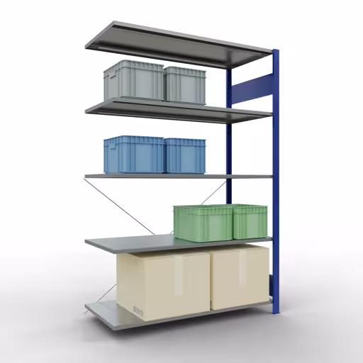 Rayonnage supplémentaire, étagère, système enfichable MULTIplus150, 2000 x 1300 x 600 mm (HxLxP), 5 étagères, traverse, RAL 5010 bleu gentiane/galvanisé de la catégorie des étagères supplémentaires avec le GTIN 4004514243218 Rayonnage supplémentaire, étagère, système enfichable MULTIplus150, 2000 x 1300 x 600 mm, 5 étagères, RAL 5010 bleu gentiane/galvanisé de la marque Schulte Lagertechnik de la gamme de produits du système enfichable