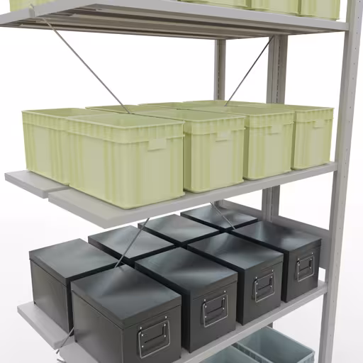 Abbildung Nr 8 des Artikels Anbauregal, Doppelregal, Fachbodenregal Stecksystem MULTIplus150, 3000 x 1000 x (2x600) mm (HxBxT), 2x7 Fachböden, Kreuzstrebe, RAL 7035 lichtgrau aus der Produktgruppe Fachbodenregale von der Marke Schulte Lagertechnik
