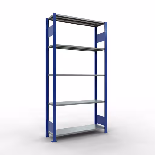 Ripiano base, ripiano, sistema a innesto MULTIplus150, 2000 x 1000 x 300 mm (AxLxP), 5 ripiani, barra longitudinale, RAL 5010 blu genziana/zincato, ripiano base, articolo n. 12730-LR-B