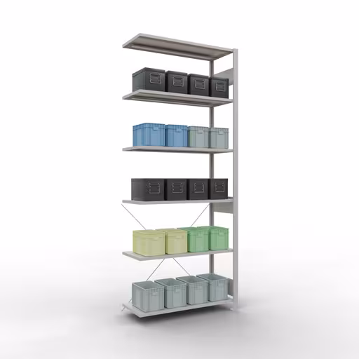 Image du produit n° 14 de l'article Rayonnage complémentaire, rayonnage à étagères, système enfichable MULTIplus85, 2500 x 1000 x 400 mm (HxLxP), 6 étagères, traverse, RAL 7035 gris clair Figure n° 14 de l'article étagère complémentaire, étagère à étagères, système enfichable MULTIplus85, 2500 x 1000 x 400 mm, 6 étagères, traverse, RAL 7035 gris clair du groupe de produits système enfichable de la marque Schulte Lagertechnik