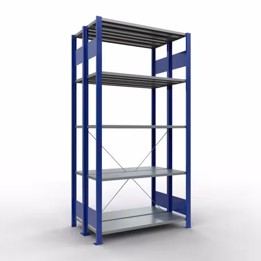 Grundregal, Doppelregal, Fachbodenregal Stecksystem MULTIplus150, 2000 x 1000 x (2x300) mm (HxBxT), 2x5 Fachböden, Kreuzstrebe, RAL 5010 enzianblau von Schulte Lagertechnik mit der Artikelnr. 32730-B