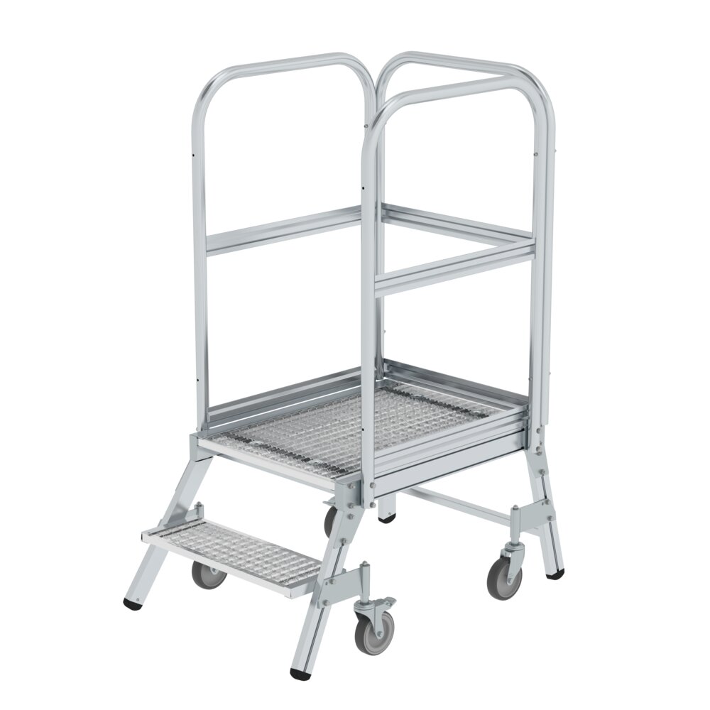 Escalier à plateforme Munk, accessible d'un seul côté, avec rouleaux à ressort, caillebotis en acier, 2 marches, par Günzburger Steigtechnik Escalier à plateforme Munk, accessible d'un seul côté, avec rouleaux à ressort et caillebotis en acier, de la catégorie des escaliers à plateforme, numéro d'article 051102.