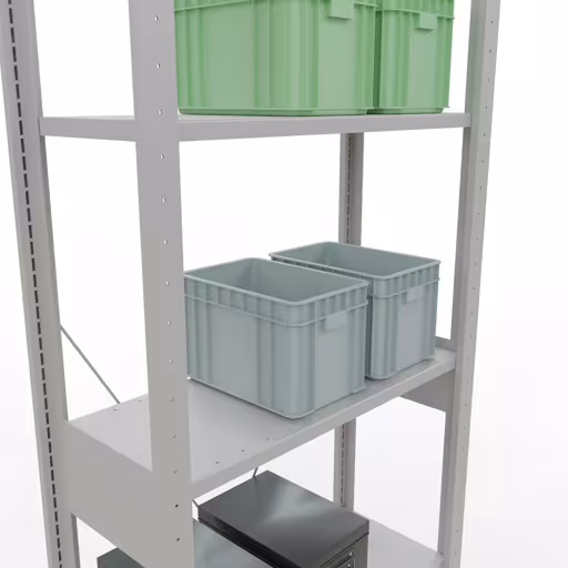 Une autre vue de l'article Etagère Basic, étagère, système enfichable MULTIplus150, 2500 x 750 x 300 mm, 6 tablettes, traverse, RAL 7035 gris clair de la catégorie système enfichable