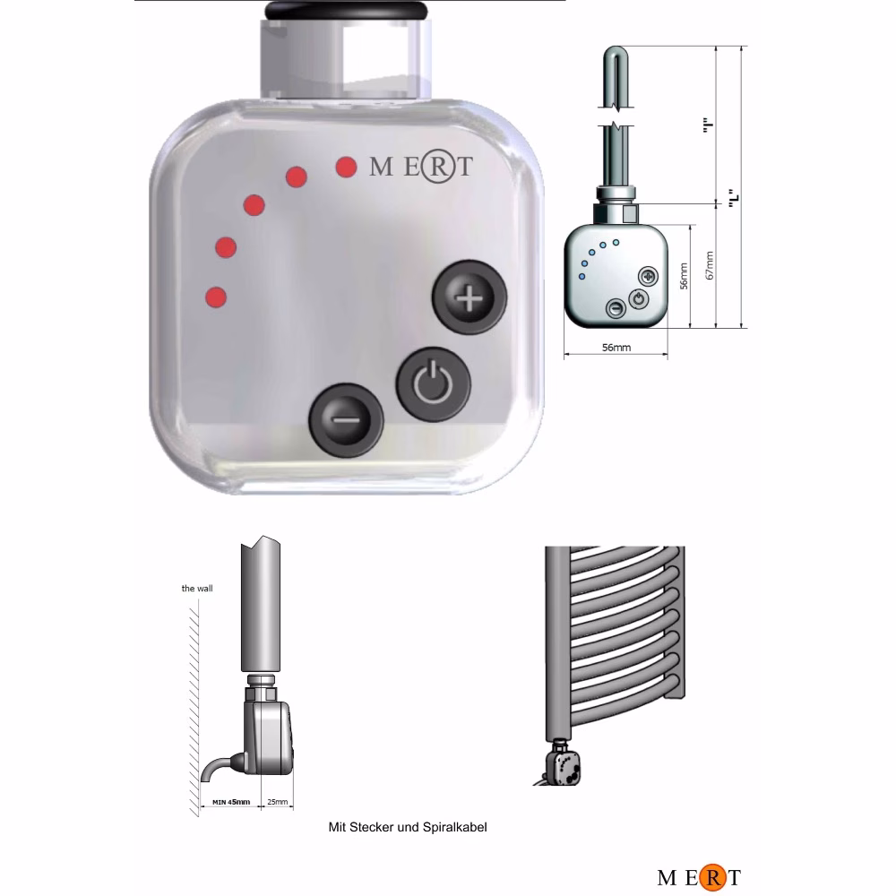 Radiatore elettrico MERT per bagno, cromato, diritto, 600x1200 mm con centralina MERT KMX1 con elemento riscaldante da 400 watt