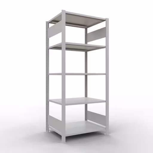 Rayonnage de base, étagère de bureau, système enfichable MULTIplus150, 1800 x 750 x 600 mm (HxLxP), 5 tablettes, barres de longueur, sans butée centrale, gris clair, système enfichable, réf. 36054