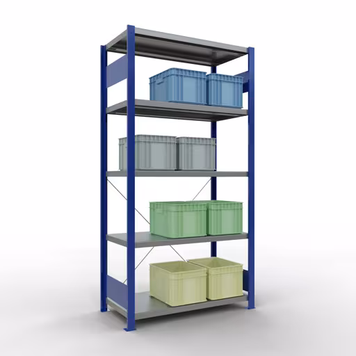 Une autre vue de l'article Étagère de base, étagère, système enfichable MULTIplus250, 2000 x 1000 x 500 mm, 5 étagères, traverse, RAL 5010 bleu gentiane/galvanisé de la catégorie système enfichable