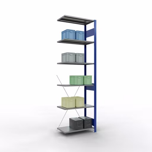 Scaffali componibili, scaffali, sistema a innesto MULTIplus150, 2500 x 750 x 400 mm (AxLxP), 6 ripiani, traversa, RAL 5010 blu genziana/zincato/zincato della categoria scaffali componibili con GTIN 4004514251367 Scaffali componibili, scaffali, sistema a innesto MULTIplus150, 2500 x 750 x 400 mm (AxLxP), 6 ripiani, traversa, RAL 5010 blu genziana/zincato/zincato della marca Schulte Lagertechnik della gamma sistemi a innesto