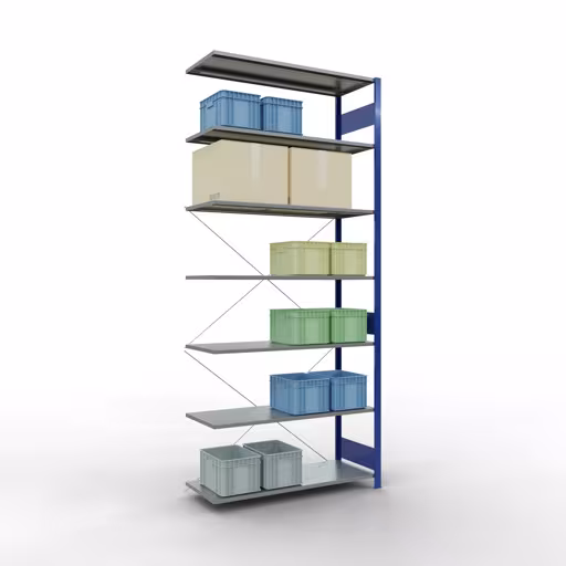 Image du produit n° 11 de l'article étagère complémentaire, étagère, système enfichable MULTIplus150, 3000 x 1300 x 500 mm, 7 étagères, RAL 5010 bleu gentiane/galvanisé de la gamme de produits du système enfichable de Schulte Lagertechnik