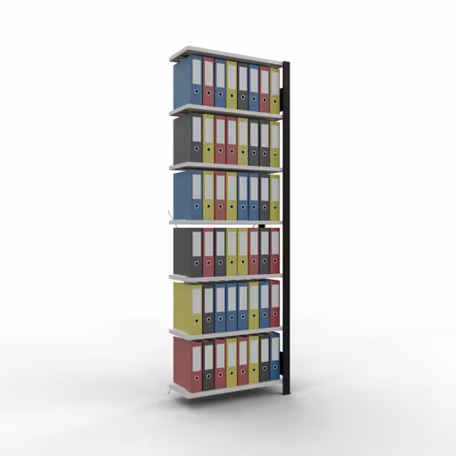 Anbauregal, Büro-Fachbodenregal Stecksystem MULTIplus85, 2300 x 750 x 300 mm (HxBxT), 7 Fachböden, Kreuzstrebe, ohne Anschlagleiste, schwarz/lichtgrau aus der Kategorie Stecksystem mit der GTIN 4004514249791 Anbauregal, Büro-Fachbodenregal Stecksystem MULTIplus85, 2300 x 750 x 300 mm (HxBxT), 7 Fachböden, Kreuzstrebe, ohne Anschlagleiste, schwarz/lichtgrau von der Marke Schulte Lagertechnik aus der Produktreihe Büroregale