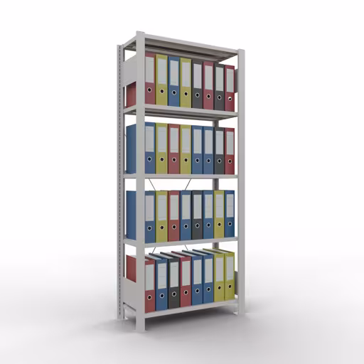 Grundregal, Büro-Fachbodenregal Stecksystem MULTIplus85, 1800 x 750 x 300 mm (HxBxT), 5 Fachböden, Kreuzstrebe, mit Anschlagleiste, lichtgrau aus der Kategorie Stecksystem mit der GTIN 4004514219381 Grundregal, Büro-Fachbodenregal Stecksystem MULTIplus85, 1800 x 750 x 300 mm (HxBxT), 5 Fachböden, Kreuzstrebe, mit Anschlagleiste, lichtgrau von der Marke Schulte Lagertechnik aus der Produktreihe Büroregale