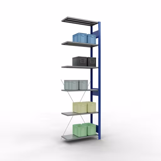 Image supplémentaire de l'article Tablette rapportée, étagère, système enfichable MULTIplus150, 2500 x 750 x 300 mm, 6 étagères, traverse, RAL 5010 bleu gentiane/galvanisé/galvanisé Image supplémentaire de l'article, système d'étagères enfichables pour étagères MULTIplus150, 2500 x 750 x 300 mm, 6 étagères, RAL 5010 bleu gentiane/galvanisé/galvanisé