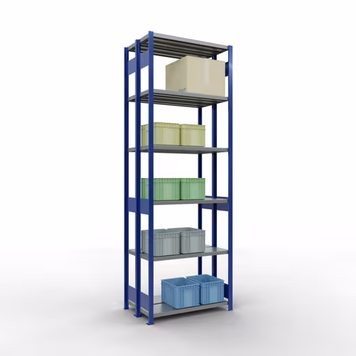 Une autre vue de l'article Etagère Basic, , étagère système enfichable MULTIplus250, 3000 x 1000 x (2x300) mm, 2x7 étagères, RAL 5010 bleu gentiane de la catégorie e