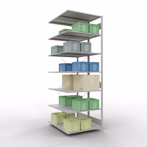 Rayonnage supplémentaire, rayonnage double, système d'étagères MULTIplus150, 3000 x 1000 x (2x1200) mm (HxLxP), 2x7 tablettes, traverse, RAL 7035 gris clair avec le GTIN 4058255035250 Rayonnage supplémentaire, rayonnage double, système d'étagères MULTIplus150, 3000 x 1000 x (2x1200) mm, 2x7 tablettes, traverse, RAL 7035 gris clair de Schulte Lagertechnik avec le numéro d'article. 32767