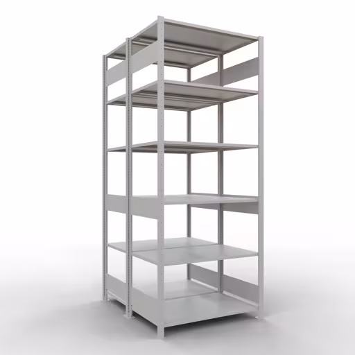 Étagère de base, étagère double, système d'étagères enfichable MULTIplus150, 2500 x 1000 x (2x600) mm (HxLxP), 2x6 étagères, barres de longueur, RAL 7035 gris clair, étagères doubles, réf. 33161
