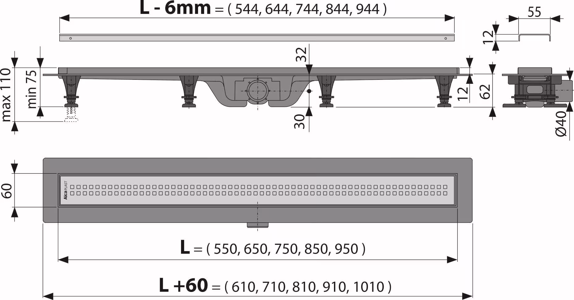 Bodenablaufrinne Duschrinne "No.9" Duschablauf inkl. Edelstahlrost Rostlänge 550mm von HoWaTech mit der Artikelnr. PP955