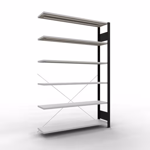 Scaffale aggiuntivo, scaffale per ufficio, sistema a innesto MULTIplus85, 2000 x 1300 x 300 mm (AxLxP), 6 ripiani, traversa, senza barra di arresto, nero/grigio chiaro di Schulte Lagertechnik Scaffale aggiuntivo, scaffale per ufficio, sistema a innesto MULTIplus85, 2000 x 1300 x 300 mm (AxLxP), 6 ripiani, traversa, senza barra di arresto, nero/grigio chiaro, sistema a innesto, articolo n. 36029-S