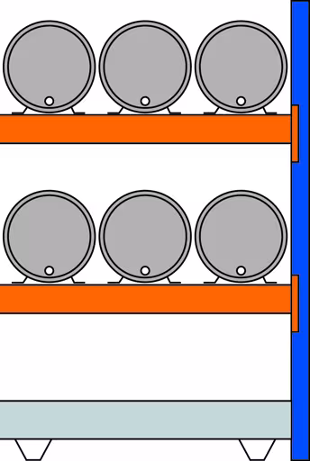 , casier à fûts, 2000 x 1350 x 800 mm, bleu/galvanisé/RAL 2004, 2 niveaux pour 3 fûts de 60 l chacun couchés ; 1 bac de sol 1330 x 1100 mm de Schulte Lagertechnik de la gamme de rayonnages à palettes