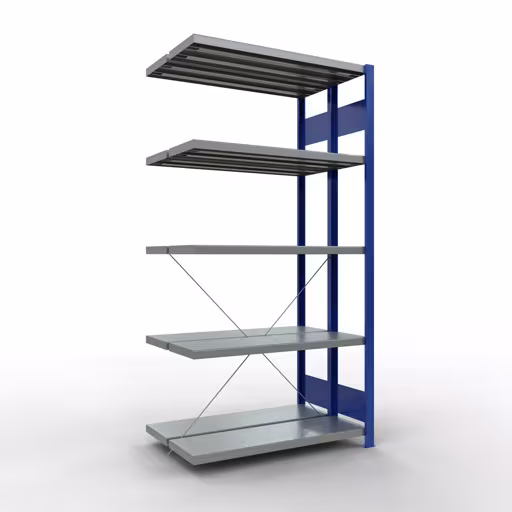 Scaffale aggiuntivo, scaffale doppio, sistema di scaffali MULTIplus250, 2000 x 1000 x (2x300) mm (AxLxP), 2x5 ripiani, traversa, RAL 5010 blu genziana, ripiani doppi, articolo n. 32135-A-B