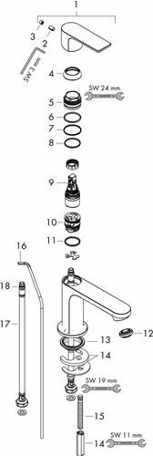 Technische Zeichnung 3988861 Hansgrohe REBRIS E 110 CoolStart Miscelatore monocomando per lavabo con maniglione in metallo cromo