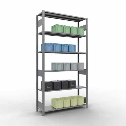 Étagère de base, étagère, système enfichable MULTIplus150, 2500 x 1300 x 400 mm, 6 étagères, barres longitudinales, galvanisées avec GTIN 4058255012428 Étagère de base, étagère à étagères, système enfichable MULTIplus150, 2500 x 1300 x 400 mm, 6 étagères, galvanisées de Schulte Lagertechnik avec le numéro d'article. 12741-130-LR