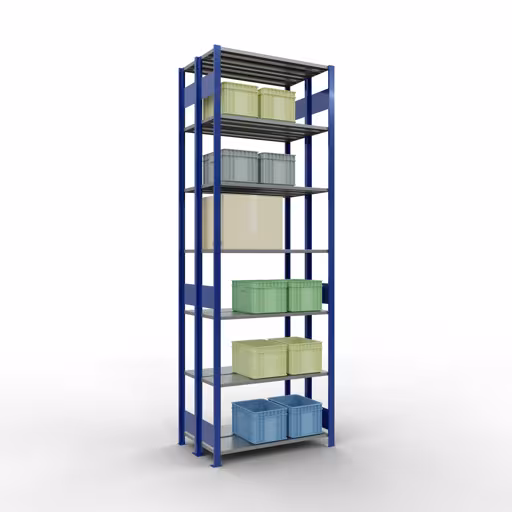 Un'altra vista dell'articolo Scaffale base, scaffale doppio, sistema a innesto per scaffale MULTIplus150, 3000 x 1000 x (2x300) mm (AxLxP), ripiani 2x7, barre longitudinali, RAL 5010 blu genziana dalla categoria scaffali