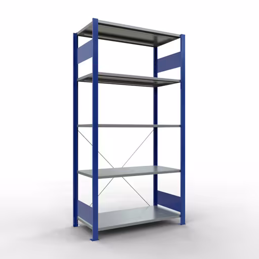 Étagère de base, étagère, système enfichable MULTIplus85, 2000 x 1000 x 500 mm (HxLxP), 5 étagères, traverse, RAL 5010 bleu gentiane, étagère de base, réf. 13150-B
