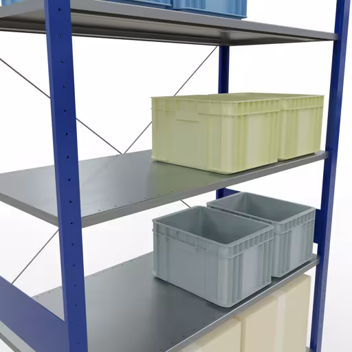Un'altra vista dell'articolo Scaffale base, scaffale, sistema a innesto MULTIplus150, 3000 x 1300 x 600 mm (AxLxP), 7 ripiani, traversa, RAL 5010 blu genziana/zincato dalla categoria Sistema a innesto