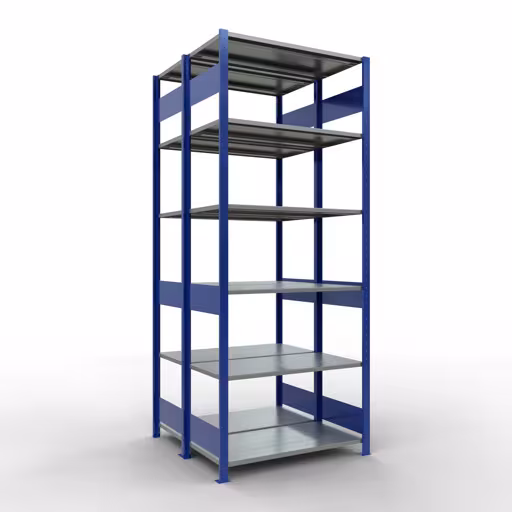 Étagère de base, étagère double, système d'étagères MULTIplus150, 2500 x 1000 x (2x500) mm (HxLxP), 2x6 étagères, barres de longueur, RAL 5010 bleu gentiane, étagères doubles, réf. 33151-B