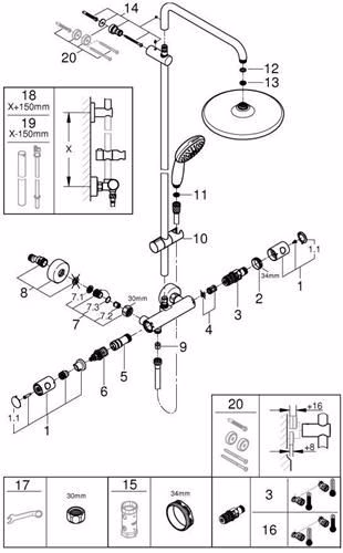 Technische Zeichnung 4037042 GROHE Duschsystem Tempesta 250 26670_1 Brause-Thermostatbatterie Kopfbrause Tempesta 250 chrom