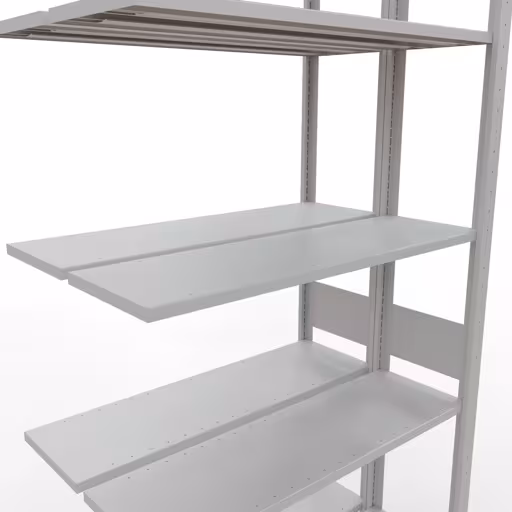 Étagère supplémentaire, étagère double, système d'étagères MULTIplus150, 3000 x 1000 x (2x300) mm (HxLxP), 2x7 étagères, barres de longueur, RAL 7035 gris clair de la catégorie étagère double avec le GTIN 4058255012541. Rayonnage supplémentaire, rayonnage double, système d'étagères MULTIplus150, 3000 x 1000 x (2x300) mm, 2x7 étagères, gris clair RAL 7035 de la marque Schulte Lagertechnik de la gamme de produits d'étagères