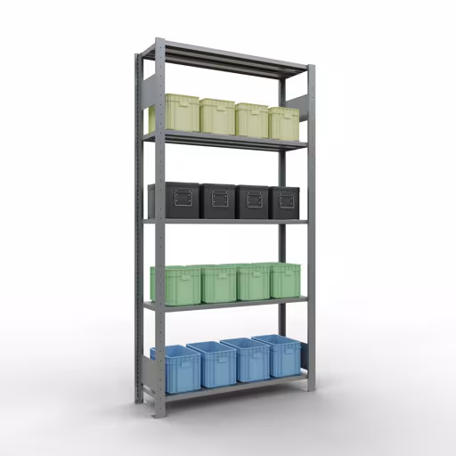 Scaffale base, scaffale, sistema a innesto MULTIplus150, 2000 x 1000 x 300 mm (AxLxP), 5 ripiani, barre longitudinali, zincato di Schulte Lagertechnik della categoria Sistema a innesto